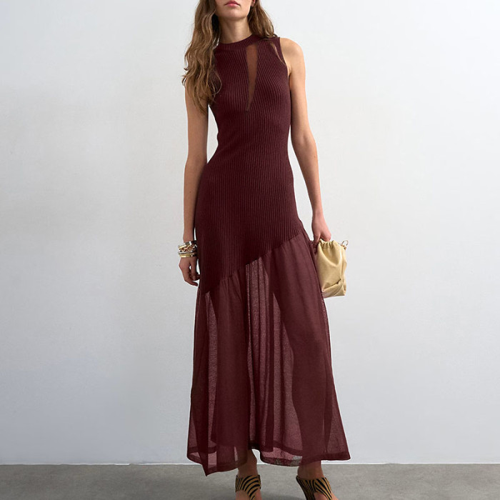🌷Trendy Sleeveless Long Dress | Round Neck Mesh Spliced Pleated Style for Party & Daily