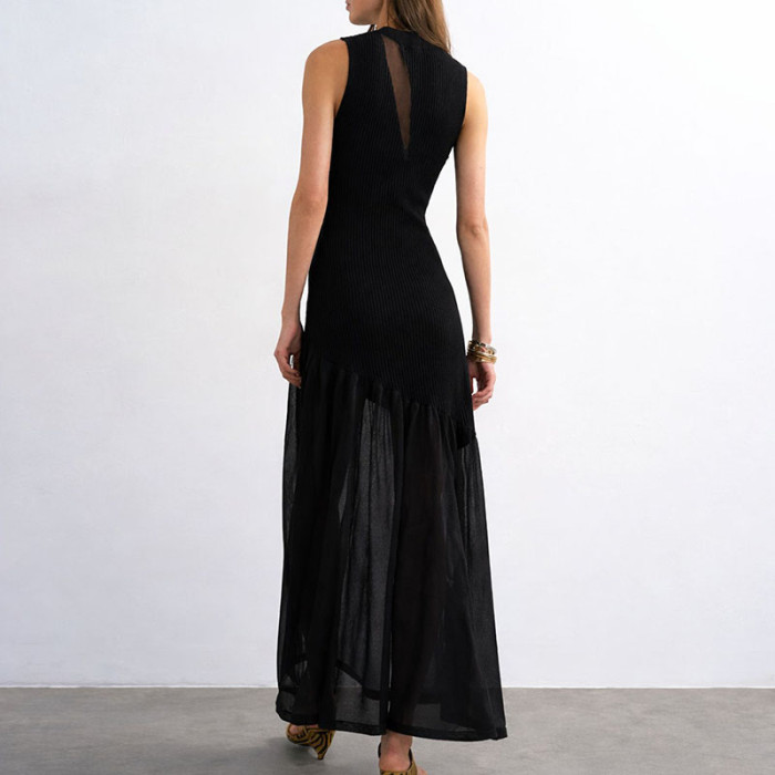 🌷Trendy Sleeveless Long Dress | Round Neck Mesh Spliced Pleated Style for Party & Daily