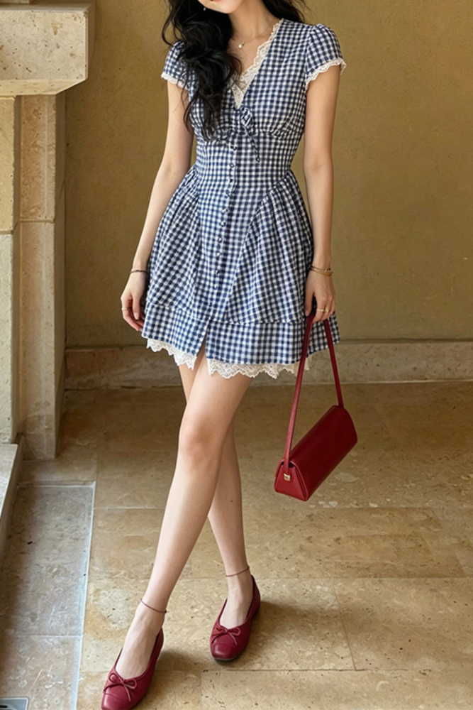 ✨Trendy Plaid Lace Dress | V-Neck High Waist A-Line Dress for Date & Daily