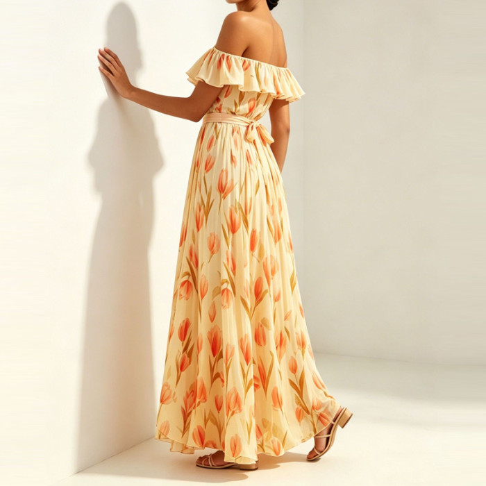 ✨Trendy Off Shoulder Long Dress | High Waist Ruffled Gown for Party & Casual