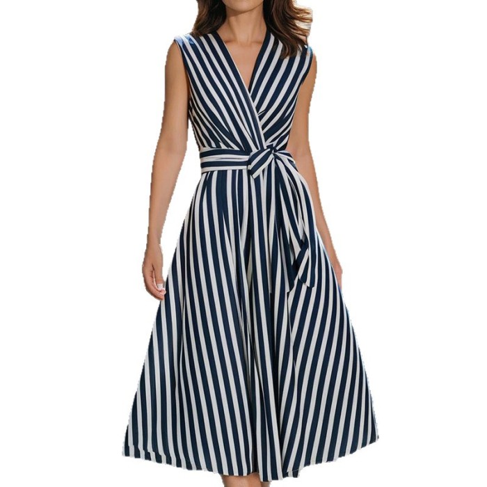 🖤Trendy Striped Midi Dress | V-neck Sleeveless Belted Style for Daily & Casual