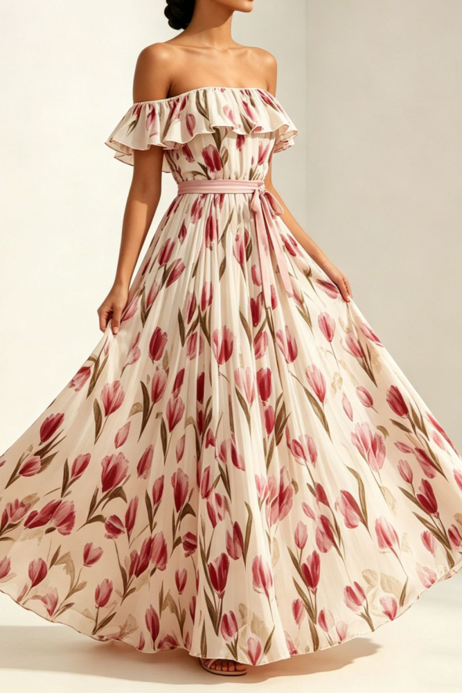 ✨Trendy Off Shoulder Long Dress | High Waist Ruffled Gown for Party & Casual