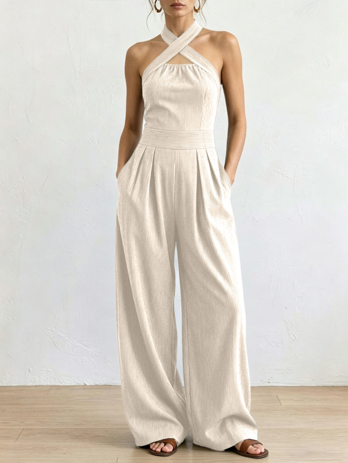 🤍Trendy Solid Jumpsuit | Halter Neck Pleated Wide Leg with Pockets for Daily & Casual