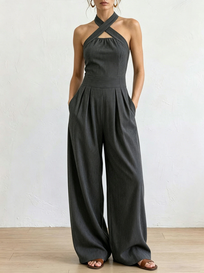 🤍Trendy Solid Jumpsuit | Halter Neck Pleated Wide Leg with Pockets for Daily & Casual