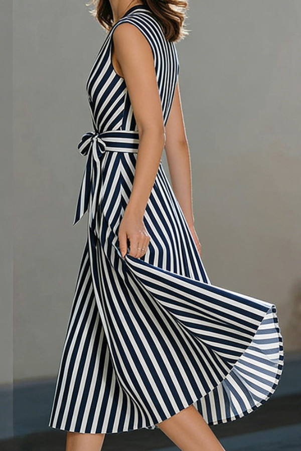 🖤Trendy Striped Midi Dress | V-neck Sleeveless Belted Style for Daily & Casual