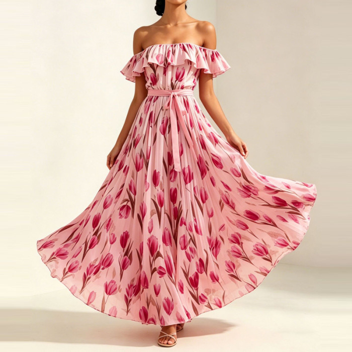 ✨Trendy Off Shoulder Long Dress | High Waist Ruffled Gown for Party & Casual