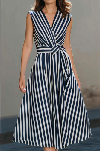 🖤Trendy Striped Midi Dress | V-neck Sleeveless Belted Style for Daily & Casual