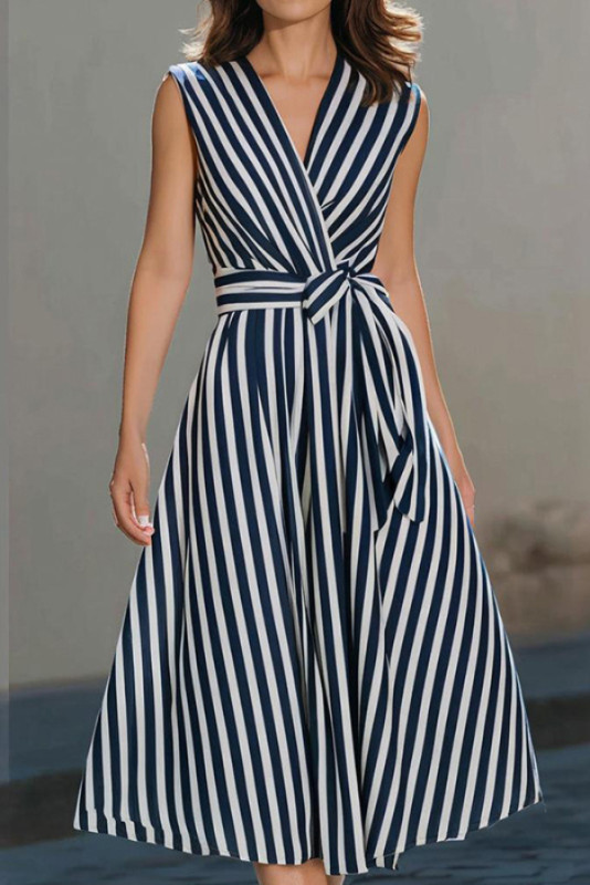 🖤Trendy Striped Midi Dress | V-neck Sleeveless Belted Style for Daily & Casual