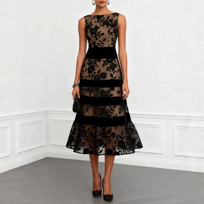 🖤Black Mesh Velvet Jacquard Panel Evening Dress for Spring & Summer