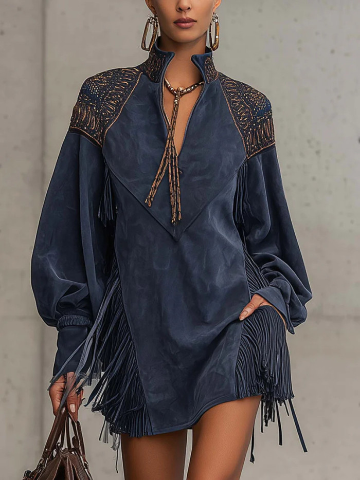 ✨Faux Suede Fringe Mini Dress | Stand Collar Embroidered Dress
