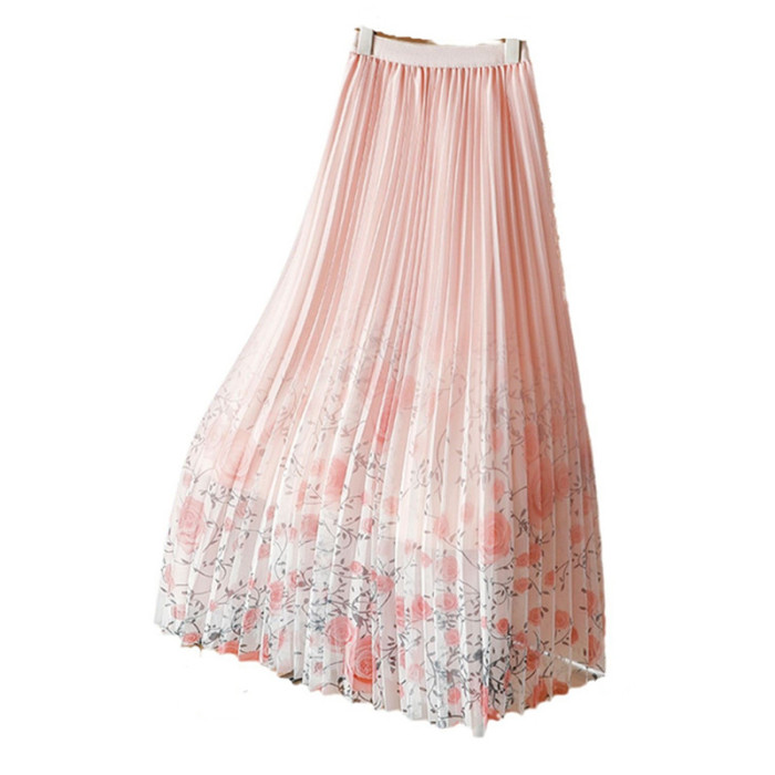 🌺Floral Printed Mesh Skirt | Draped Pleated A-Line Long Skirt
