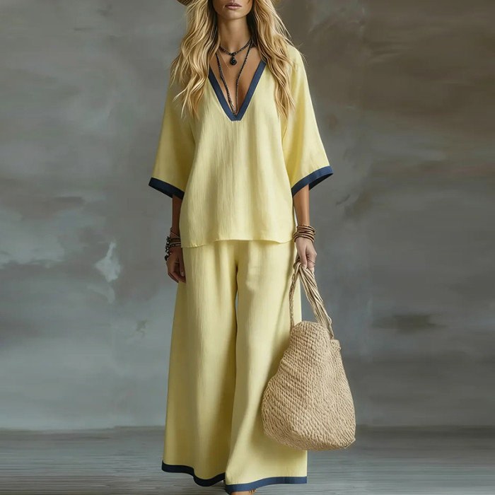 🌿Cotton Linen Color Block Two-Piece Set | V-Neck Top & Wide Leg Pants