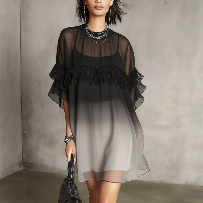 💜Ombre Chiffon Loose Mini Dress | Short Sleeve Mesh Tassel Casual Outfit