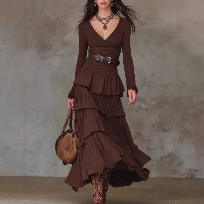 🤎French Retro Maillard Brown V-neck Cake Maxi Dress with Belt