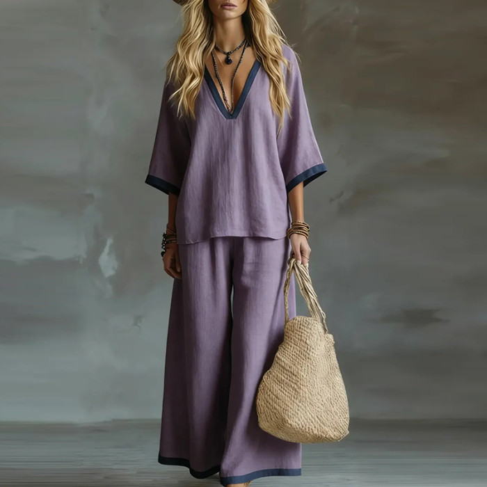 🌿Cotton Linen Color Block Two-Piece Set | V-Neck Top & Wide Leg Pants