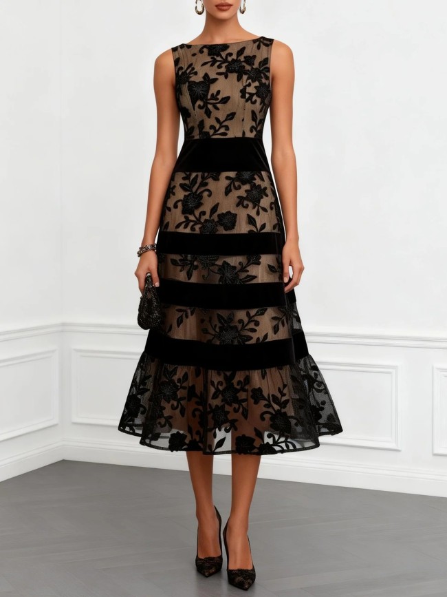 🖤Black Mesh Velvet Jacquard Panel Evening Dress for Spring & Summer