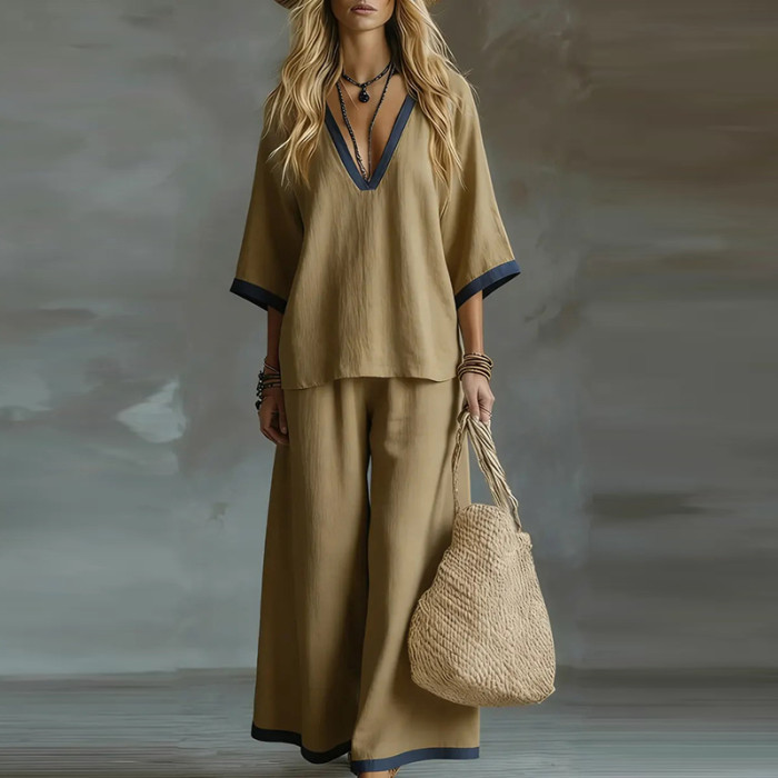 🌿Cotton Linen Color Block Two-Piece Set | V-Neck Top & Wide Leg Pants