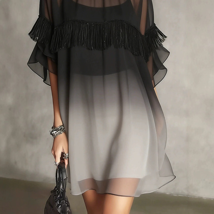 💜Ombre Chiffon Loose Mini Dress | Short Sleeve Mesh Tassel Casual Outfit