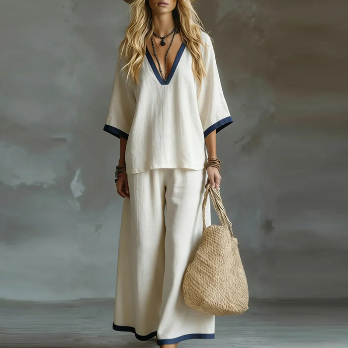 🌿Cotton Linen Color Block Two-Piece Set | V-Neck Top & Wide Leg Pants