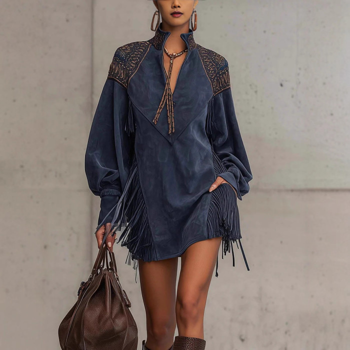 ✨Faux Suede Fringe Mini Dress | Stand Collar Embroidered Dress