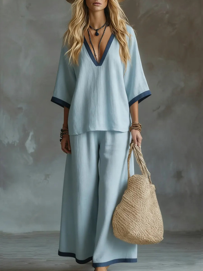 🌿Cotton Linen Color Block Two-Piece Set | V-Neck Top & Wide Leg Pants