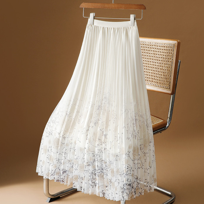 🌺Floral Printed Mesh Skirt | Draped Pleated A-Line Long Skirt