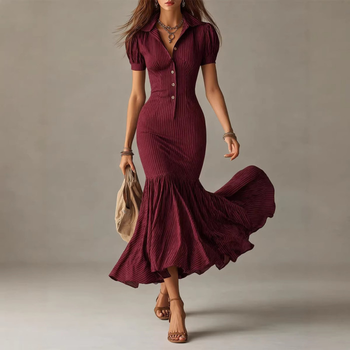 🎀Striped Lapel Dress | High Waist Pleated A-Line Dress