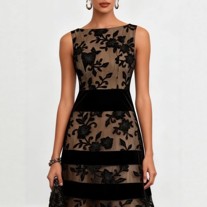 🖤Black Mesh Velvet Jacquard Panel Evening Dress for Spring & Summer