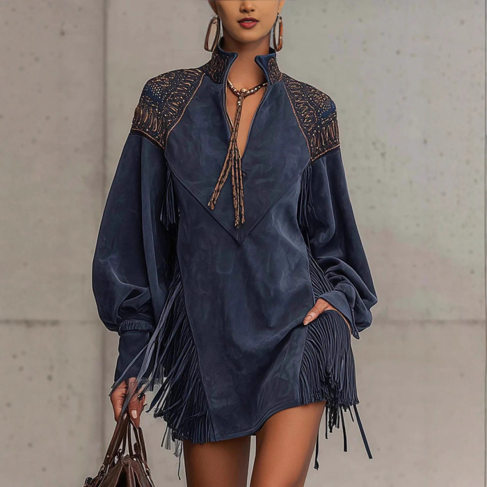 ✨Faux Suede Fringe Mini Dress | Stand Collar Embroidered Dress