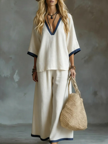 🌿Cotton Linen Color Block Two-Piece Set | V-Neck Top & Wide Leg Pants