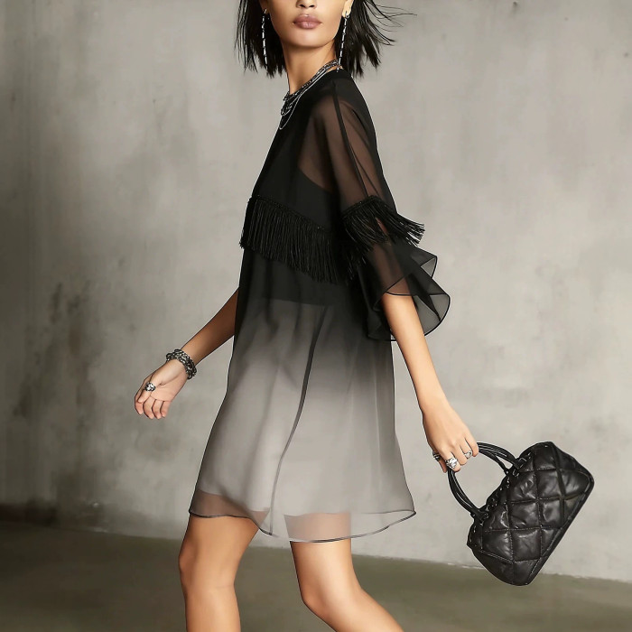 💜Ombre Chiffon Loose Mini Dress | Short Sleeve Mesh Tassel Casual Outfit