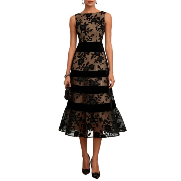 🖤Black Mesh Velvet Jacquard Panel Evening Dress for Spring & Summer
