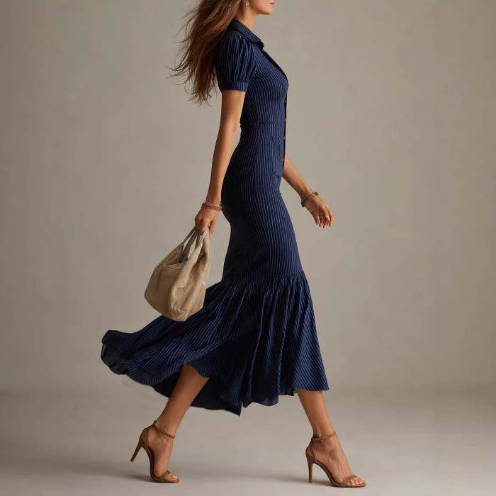 🎀Striped Lapel Dress | High Waist Pleated A-Line Dress
