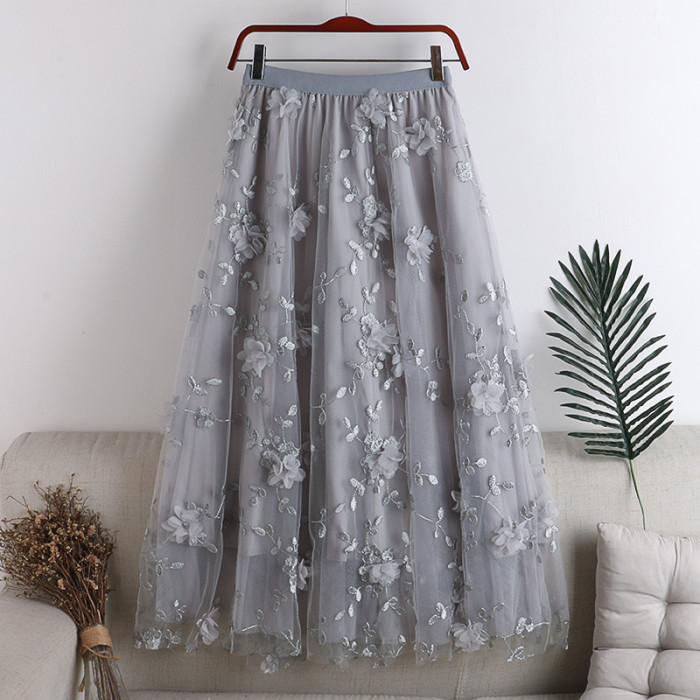 🌼Floral Embroidered Mesh Skirt | High Waist A-Line Midi Tulle Skirt
