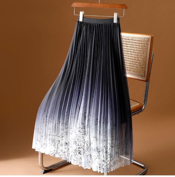 🌺Floral Printed Mesh Skirt | Draped Pleated A-Line Long Skirt