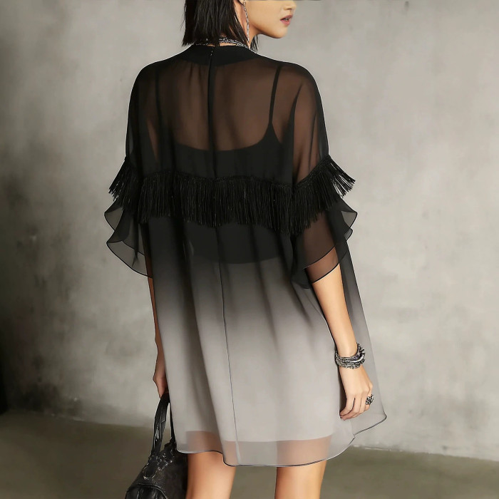 💜Ombre Chiffon Loose Mini Dress | Short Sleeve Mesh Tassel Casual Outfit