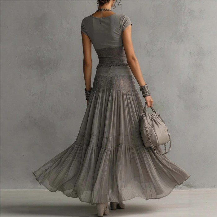 🧶Solid Mesh Spliced Two-Piece Set | Round Neck Knit Top & Flowy Chiffon Long Skirt