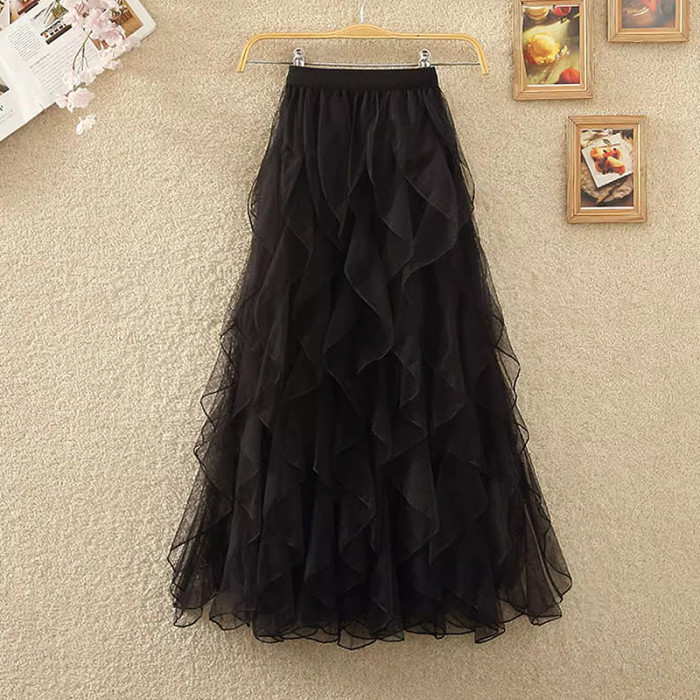 🌊Wave Pattern Mesh Skirt | High Waist A-Line Midi Skirt