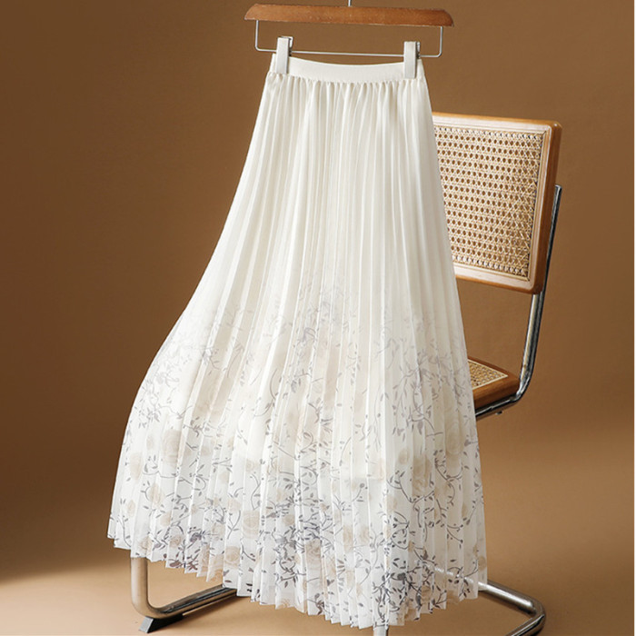 🌺Floral Printed Mesh Skirt | Draped Pleated A-Line Long Skirt