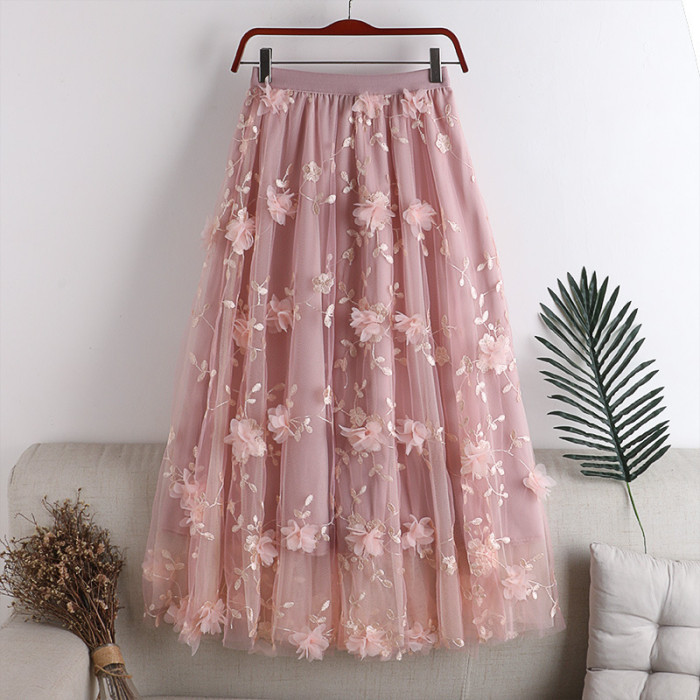 🌼Floral Embroidered Mesh Skirt | High Waist A-Line Midi Tulle Skirt