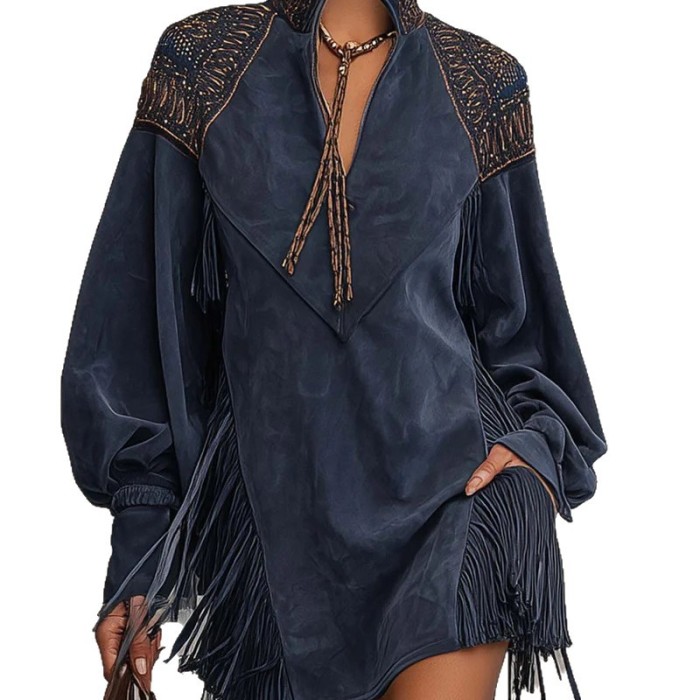 ✨Faux Suede Fringe Mini Dress | Stand Collar Embroidered Dress