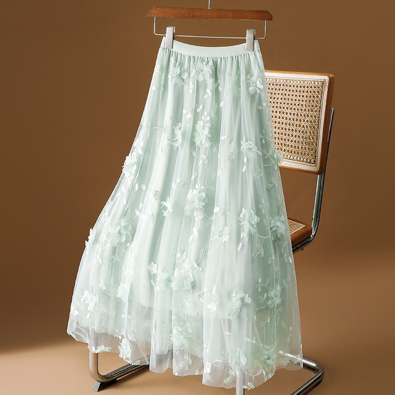🌼Floral Embroidered Mesh Skirt | High Waist A-Line Midi Tulle Skirt