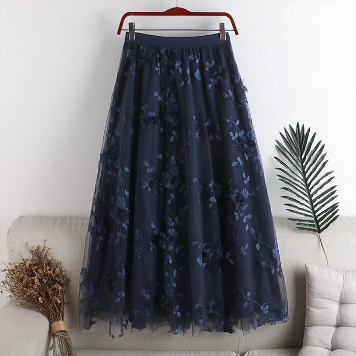 🌼Floral Embroidered Mesh Skirt | High Waist A-Line Midi Tulle Skirt