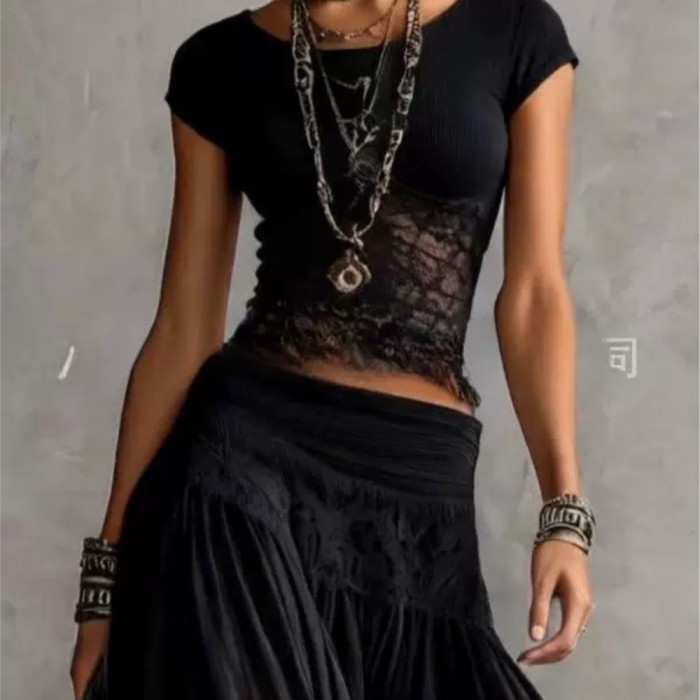 🧶Solid Mesh Spliced Two-Piece Set | Round Neck Knit Top & Flowy Chiffon Long Skirt