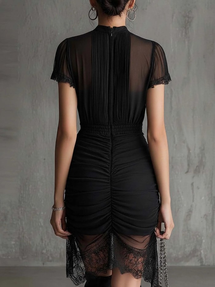 🖤Black Mesh Patchwork Bodycon Mini Dress | See-Through High Slit Party Outfit
