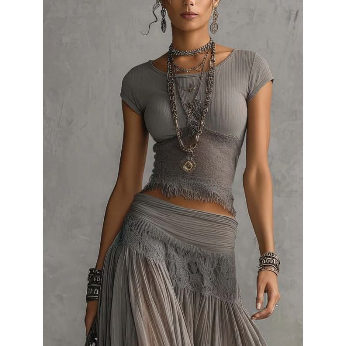 🧶Solid Mesh Spliced Two-Piece Set | Round Neck Knit Top & Flowy Chiffon Long Skirt