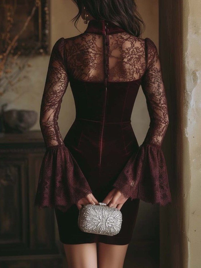 🖤Lace Velvet Patchwork Mini Dress | Flare Sleeve Zip-Up Slim Dress