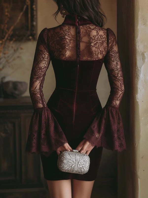 🖤Lace Velvet Patchwork Mini Dress | Flare Sleeve Zip-Up Slim Dress