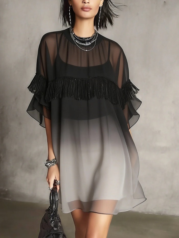 💜Ombre Chiffon Loose Mini Dress | Short Sleeve Mesh Tassel Casual Outfit