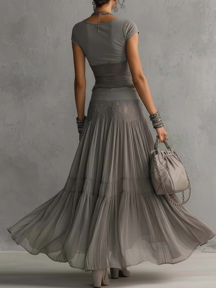 🧶Solid Mesh Spliced Two-Piece Set | Round Neck Knit Top & Flowy Chiffon Long Skirt